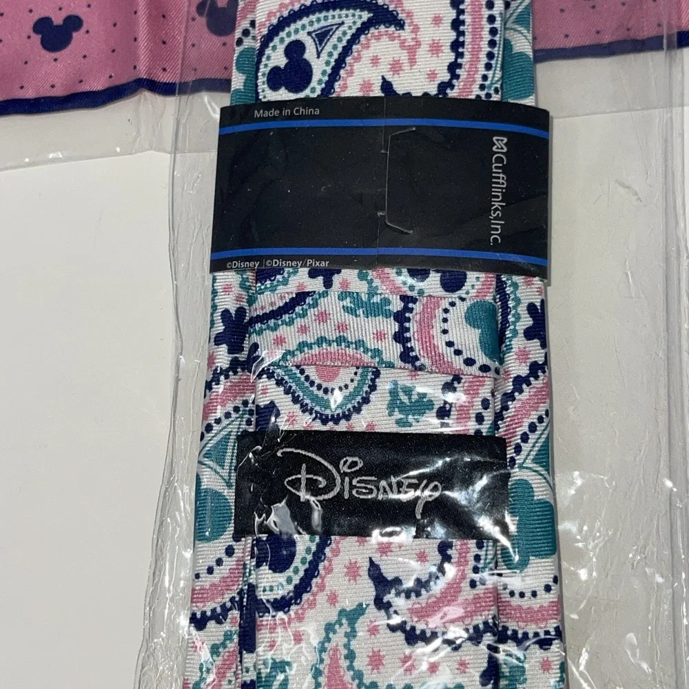 Mens Paisley 100% Silk Neck Tie & Pocket Square Mickey Head Disney NWT Cufflinks